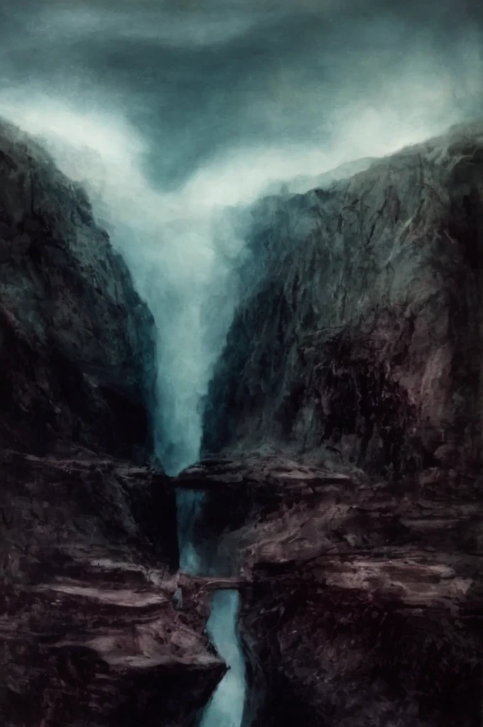 xgiger, The image is a detailed view of H.R. Giger's biomechanical tableau \" LANDSCAPE No 312 \" plate, featuring
a fantastical cityscape with a large bridge spanning across a canyon. The architecture is intricate and appears to be made of a dark in the transit space aside the cascade of fallen water, appears to be a fusion of organic and mechanical elements, with a focus on the interplay between the two.The piece is a tableau, most likely created with a India ink pen or pencil on paper, determined by the thin lines, shading techniques, and the texture of the paper, which is visible around the edges.
Used is pen, given the shading and variations in line weight visible in the image. Artist have used a variety of stylus with different degrees of hardness to achieve the shading effects.
 The use of undersaturated green-grays dark contrasts creates a stark and graphic look. Is used a variety of linework techniques to create different textures. Fine, parallel lines create a smooth, metallic texture,while thicker, more cursive lines suggest cables or wires.
Light source from the top highlights skeletals, pper part of foreground, lower part of image is in shadowupper part of foreground, lower part of image is in shadow.
The art performance showcases the artist’s skills in observation and rendering. The level of detail in the piece suggests a close study of real bone specimens and mechanics. The artist has skillfully used shading techniques to create a convincing illusion of three-dimensionality on a flat surface. The wrinkles and cracks in the surface, and the cast shadows with accuracy, used shading techniques to create a realistic depiction of light and shadow on the objects. This creates a sense of depth and dimension in the image. The artist has used careful linework to depict the contours and textures in the piece
Sharp focus on foreground elements illustration. Deep and delicate DOF. Big painting. Stored in Louvre masterpiece, ooze soaked pajama top
