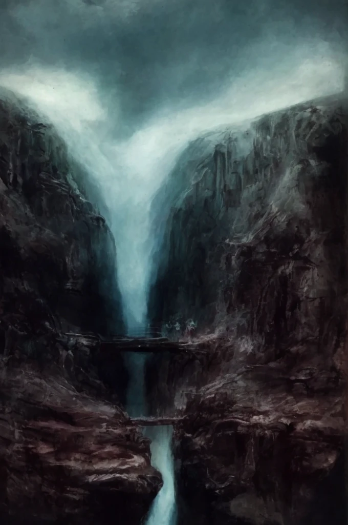 xgiger, The image is a detailed view of H.R. Giger's biomechanical tableau \" LANDSCAPE No 312 \" plate, featuring
a fantastical cityscape with a large bridge spanning across a canyon. The architecture is intricate and appears to be made of a dark in the transit space aside the cascade of fallen water, appears to be a fusion of organic and mechanical elements, with a focus on the interplay between the two.The piece is a tableau, most likely created with a India ink pen or pencil on paper, determined by the thin lines, shading techniques, and the texture of the paper, which is visible around the edges.
Used is pen, given the shading and variations in line weight visible in the image. Artist have used a variety of stylus with different degrees of hardness to achieve the shading effects.
 The use of undersaturated green-grays dark contrasts creates a stark and graphic look. Is used a variety of linework techniques to create different textures. Fine, parallel lines create a smooth, metallic texture,while thicker, more cursive lines suggest cables or wires.
Light source from the top highlights skeletals, pper part of foreground, lower part of image is in shadowupper part of foreground, lower part of image is in shadow.
The art performance showcases the artist’s skills in observation and rendering. The level of detail in the piece suggests a close study of real bone specimens and mechanics. The artist has skillfully used shading techniques to create a convincing illusion of three-dimensionality on a flat surface. The wrinkles and cracks in the surface, and the cast shadows with accuracy, used shading techniques to create a realistic depiction of light and shadow on the objects. This creates a sense of depth and dimension in the image. The artist has used careful linework to depict the contours and textures in the piece
Sharp focus on foreground elements illustration. Deep and delicate DOF. Big painting. Stored in Louvre masterpiece, ooze soaked pajama top
