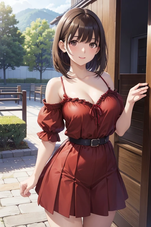 anegasaki nene、Shiny brown hair, short hair, (Beautiful brown eyes、Sparkling eyes, Fine grain)、smile、Ultra-detailed eyes、Highly detailed face, Highly detailed eyes,Cowboy Shot、



(masterpiece:1.2, Highest quality),(Realistic, photoRealistic:1.4),1 female,
 Anime Girls in a red dress posing on a railing, seductive Anime Girls, Beautiful and attractive anime woman, 
  Trending on cgstation,  Landscape Background,   attractive Anime Girls, Anime Girls, Uropa Art, Sexy pose