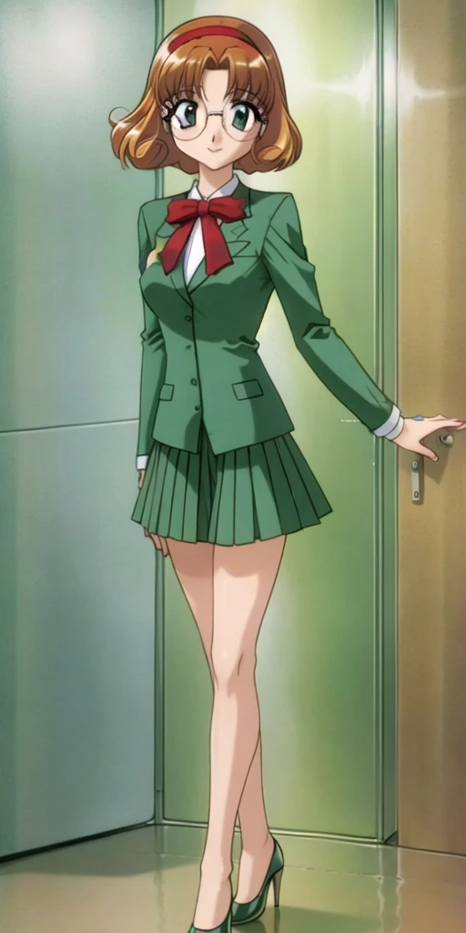 fuu hououji, (4k portrait), masterpiece, best quality,looking at viewer, 1girl,short hair,light brown hair,Glasses,((red hairband)),green blazer,(mini skirt:1.4),(green high heels:1.4), smile,masterpiece,Noise Reduction,perfect anatomy,high resolution, ultra-detailed,game cg,dutch angle ,beautiful detailed eyes,visualart,five fingers, perfect hands, perfect lighting,BREAK (pants,1.5), full body, arms at sides, BREAK (indoor:1.6), (Elevator Hal:1.7),(The elevator doors are about to close;1.6)