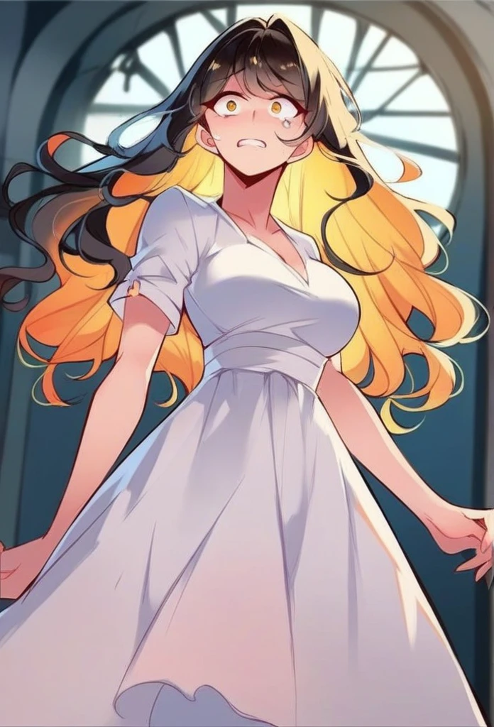 juder_style, score_9, score_8_up, score_7_up, score_6_up, score_5_up, score_4_up, hd, (ultra hd quality details), 8K, 1girl, long hair, Hourglass body, yellow eyes, yellow hair, black hair, 2d illustration, wavy hair, abandoned laboratory, scared, white hospital gown
