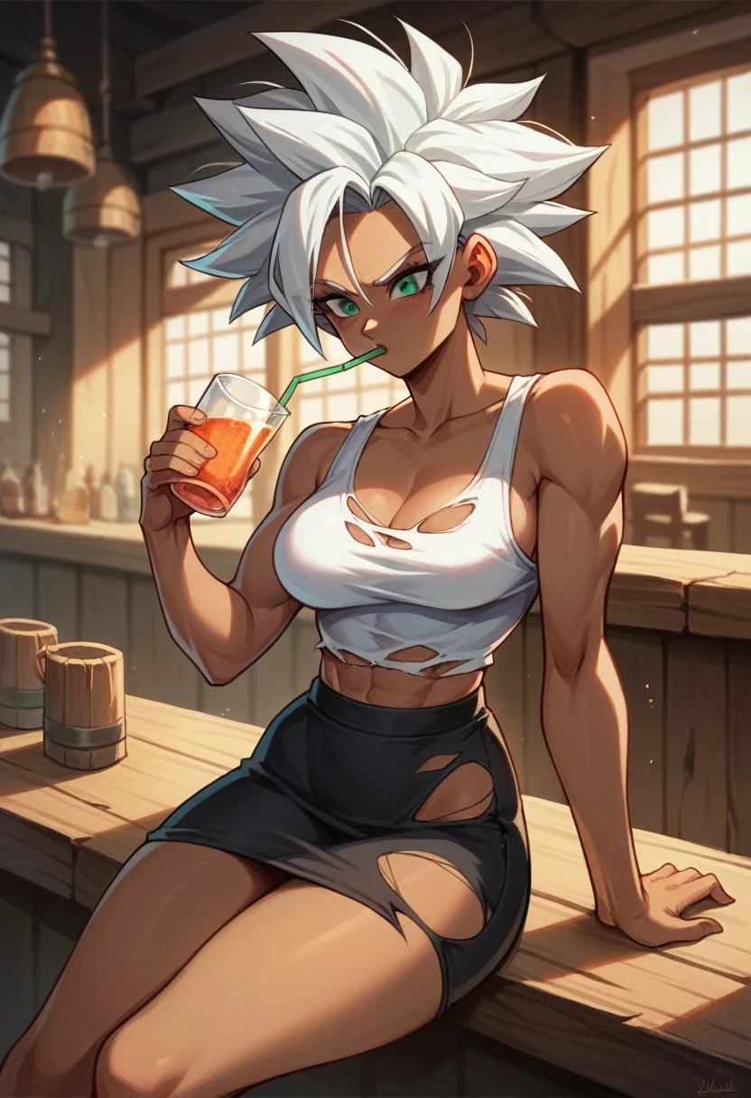 1girl, alone, Saiyan, combed back white hair, green eyes,  slim, thin waist, wide hips, dark skin, medium breasts,white tank top, black skirt, the girl is in a tavern, drinking with a glass in her hand