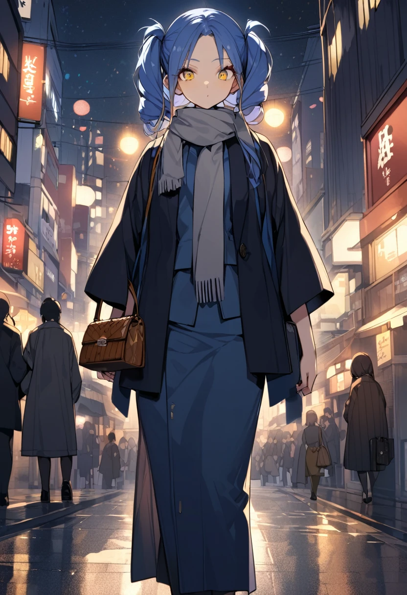 japan city in night(One very tall woman,Her hairstyle is twin tails that expose her forehead.,Navy Blue Hair,yellow eyes,Black haori,Grey scarf around neck,Leather Handbags)