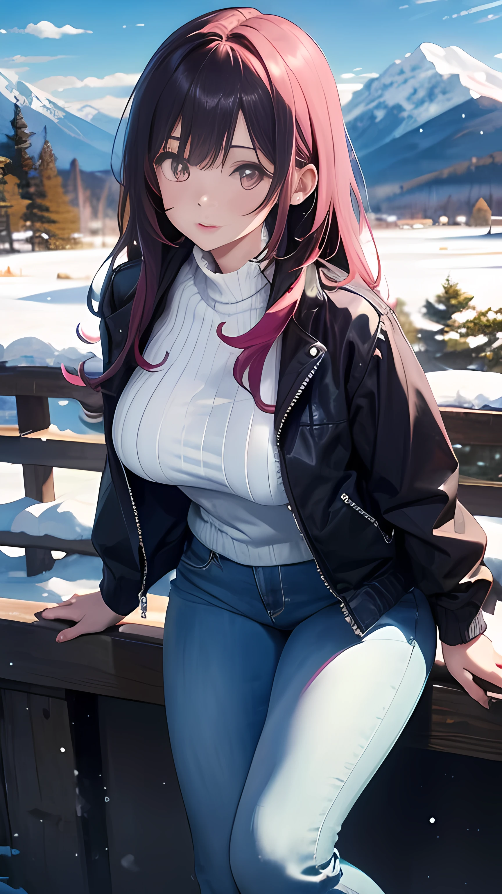 illustration：Ultra-delicate，White skin，Large Breasts，Black jeans1:5，Jacket 1:5，Snow mountain in the background，Positive 1:5，Pink long hair，Low-cut，Bend over 1:5