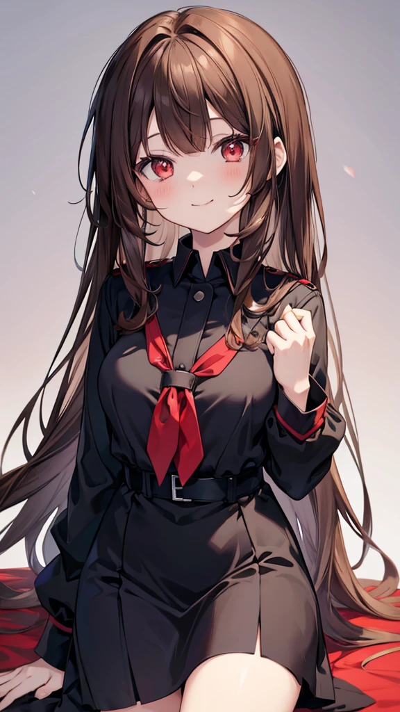 Anime girl with red eyes brown hair wearing black uniform dress smiling