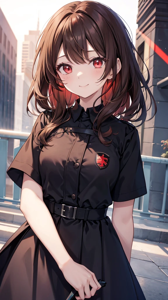 Anime girl with red eyes brown hair wearing black uniform dress smiling