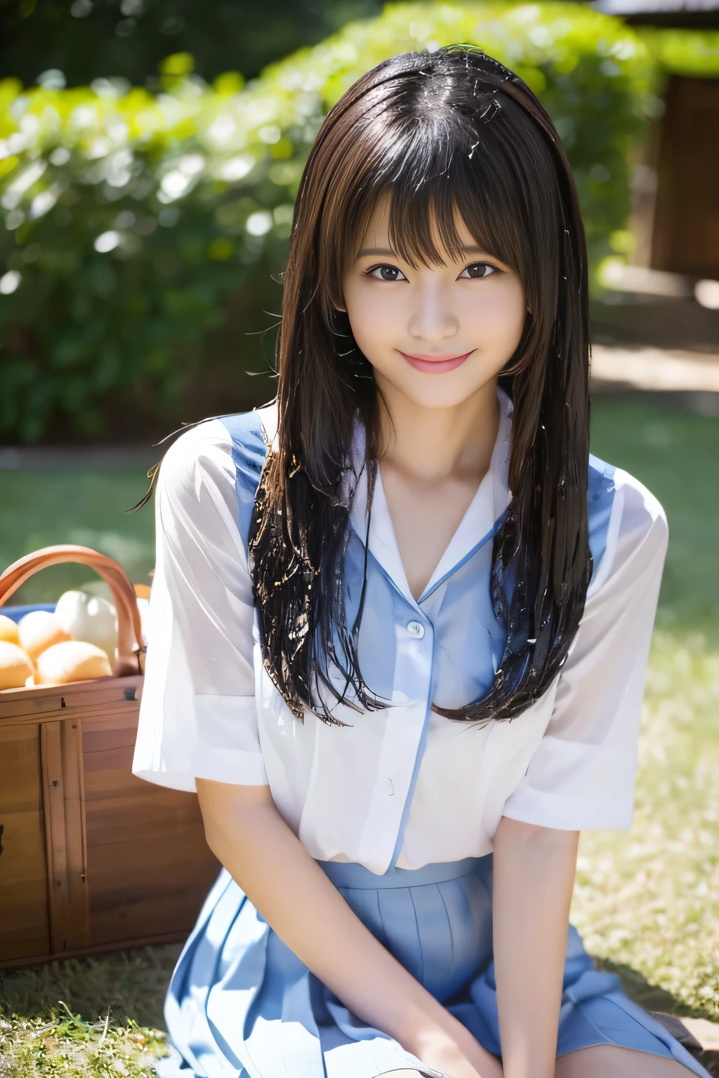 (((32ｋ,High Detail,High Detail、masterpiece,Attention to detail,Full Body Lesbian,,独奏))),Raw photo & Realistic atmosphere,Beautiful deep blue eyes,Mouth details,Glossy Lips,Fine eyebrows,Soft white skin with shining detail and intricately painted eyes、Very beautiful eyes with blue eyes,Detailed lips、very beautiful face,Very well-formed face、A vivid face,Shining beautiful lips,Beautiful eyebrows,Infinite Reality,Best design Japanese Girls in Japanese  uniform, realistic Young Gravure Idol, Surreal and very cute high school girl, , Japanese Girls , Japanese  uniform, Young Sensual Gravure Idol, Young Gravure Idol, Beautiful and cute１7 year old ,The whole Your body is wet,Dripping.,Blushing,It's very beautiful.１7-year-old girl,Natural soft light、Your body is wet,See-through clothing,,Brown shiny hair,Wet hair,Dripping Water,case,mini skirt（,barefoot,,The white short-sleeved shirt is wet and transparent,Summer clothes,beautiful, Kind eyes,Looking into the camera：1.5）,(((Beautiful and smooth legs,Exposed thighs,Lifting the skirt at the tightest moment,Shot in the middle of the thigh,A kind smile,Handsome chest,grass, picnic,picnic,bento box,sandwich,Immature body)))