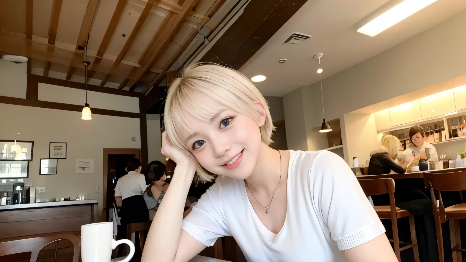 she is a cute nurse、Blonde short hair、Silver Eyes、Big eyes、Cute Smile、Photographed inside the cafe