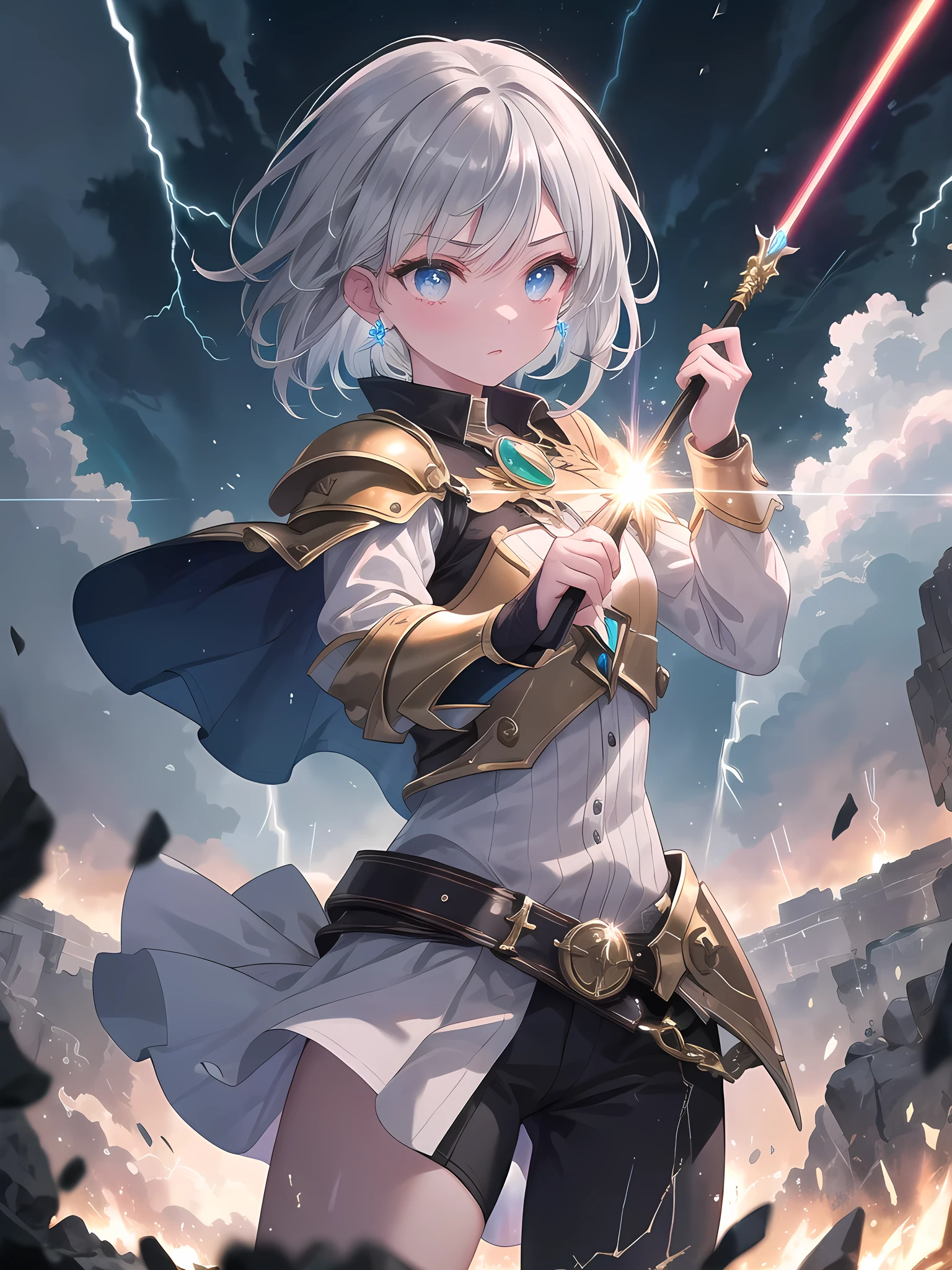 ((8k, best quality, master piece: 1.3)),super high resolution,(1 girl, solo), (colorshift eyes, hyperdetailed, expressive sparkling, glitter, glowing eyes), ultra detailed eyes, ultra-detailed face, random hair, ((silver gray color)), A silver-haired warrior is seen fighting in a tornado, wearing leather battle armor with black and gold embellishments, with a raging storm and lightning in the background. She holds a spear imbued with the power of lightning, and her gold accessories shine with the light. Magical effects shoot from the tip of the spear, controlling the storm around her. Her short silver hair is tousled by the storm winds, and her skin has a glossy texture. Her eyes are a sharp gold like lightning, and her eyes, filled with magical power, show her determination to fight. She stands strong against the storm, and is depicted as one with the raging nature in the background, creating a dramatic atmosphere.A stunning scene with a vibrant rainbow lens flare effect. The light source is positioned behind the main subject, creating a spectrum of colors that spread across the image. The light reflects off various surfaces, adding a magical and dreamy quality to the scene. The background is slightly blurred to emphasize the glowing and shimmering effect of the lens flare.
