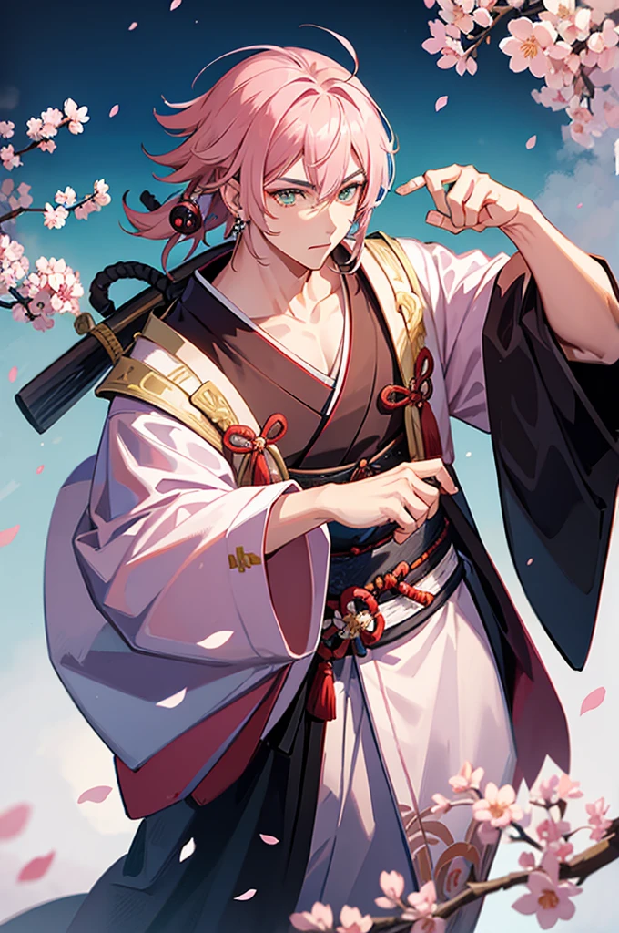 Male samurai, man, boy, haori, medium hair, pink hair, katana, cherry blossom, green eyes, earring, Japanese robe
