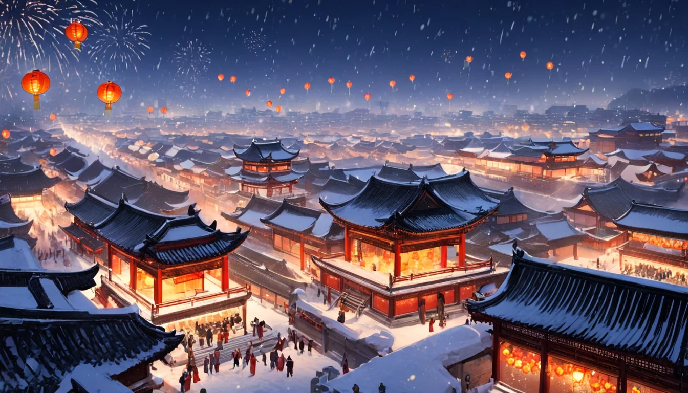 Ancient china city, lantern festival night, firework in the sky, roofs looming in snow, snow falling