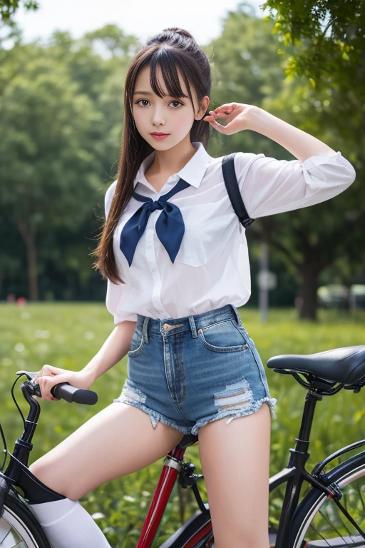 Riding a bicycle in front of the school gate,Japanese High School Girl,Sailor shirt,Micro Mini Pleated Skirt,panties,18-year-old,bangs,A small smile,Thighs,knees,Shortcuts,Long Ponytail,From below,Front light
