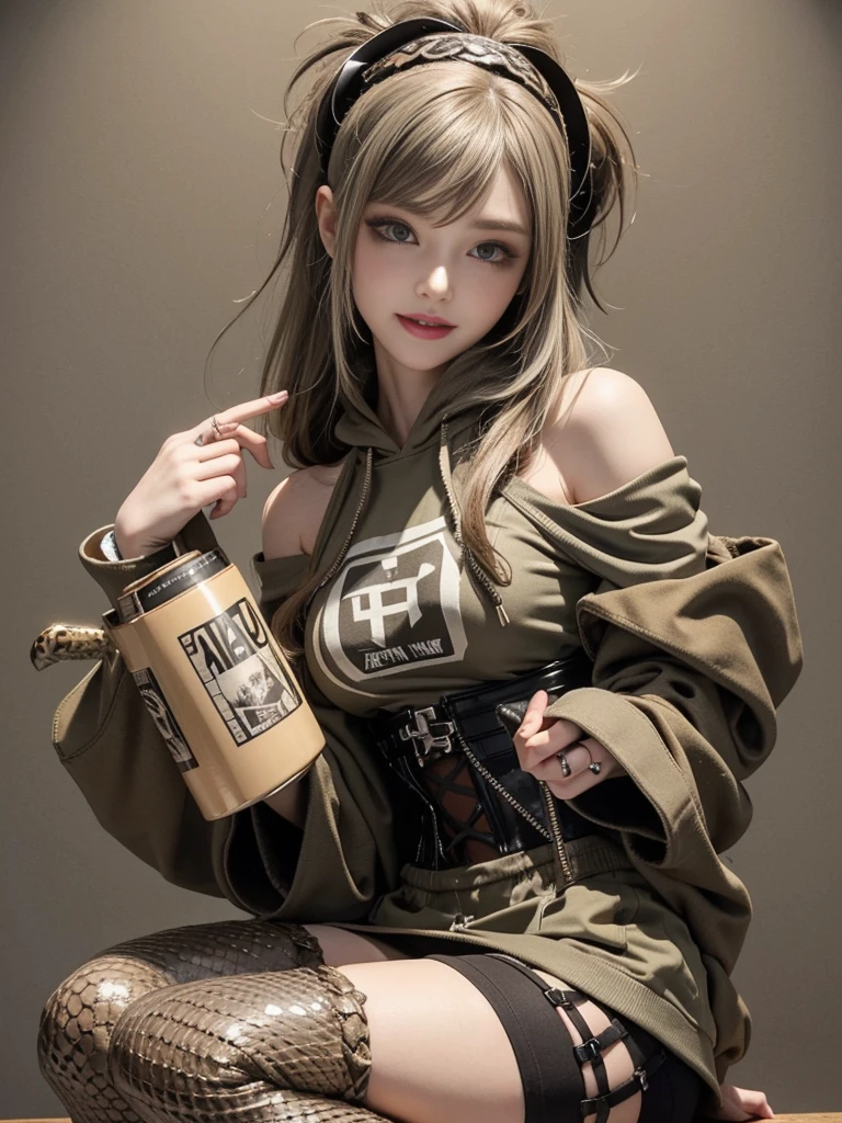 (Smiling with teeth showing:1.3),(Shibuya Gal:1.5)、(Beautiful:1.5)、(Neo-goth fashion:1.5)、(Punk RockVisual Kei:1.5)、(An off-the-shoulder hoodie in khaki and brown with delicate silver accessories.:1.5)、(A corset with a delicate beige and brown design:1.4)、(Dark grey, khaki and brown snakeskin bodysuit:1.5)、(Snake print headband:1.3)、(Beige and charcoal knee socks:1.4)、Embellished collar and long boots、(I'm selling snake print underwear.:1.4)、(Long eyelashes:1.3)、(Age 25)、((Highest quality、8k、masterpiece:1.3))、1 Female、Slim and beautiful abs:1.3、(hairstyle casual、Beautiful boobs:1.1)、(Doing an aerobics pose:1.3)、dress:1.1、Super small face、Narrow eyes、double eyelid、A sloppy smile、Esbian all over body、Dynamic Angle、Close-up、CPL Filter、Blurred Background、Bokeh、Blue Hour、Detailed face and skin texture、Detailed eyes、,(Twin tails:1.3)、(Brown-golden hair:1.3)、Gravure idol、(The background is a glamorous dance hall:1.3)、(Make your legs thinner:1.4)、(Slim Body:1.3)、(clavicle:1.1)