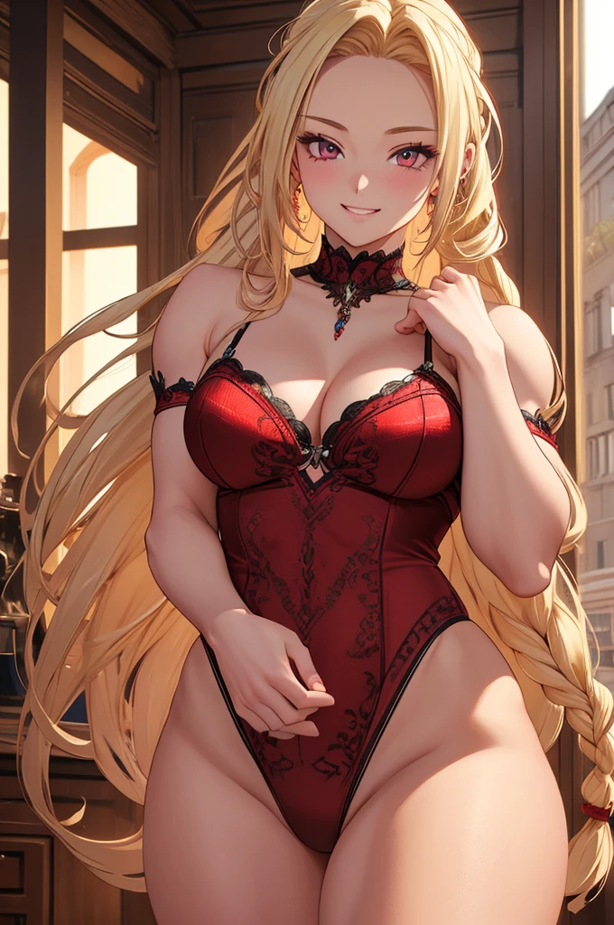 A beautiful blonde woman with three braids and deep red eyes, wearing sexy panties, gazing condescendingly at the viewer with a cute grinning expression, extremely detailed and realistic, masterpiece quality, ultra-detailed, HDR, studio lighting, vivid colors, physically-based rendering, thick muscular thighs, beautiful muscular thighs, very strong wrestler