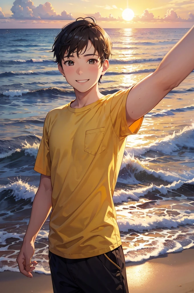 a guy in a yellow shirt taking a selfie on a beach with the ocean in the background, 1boy, male focus, solo, smile, sunset, ocean