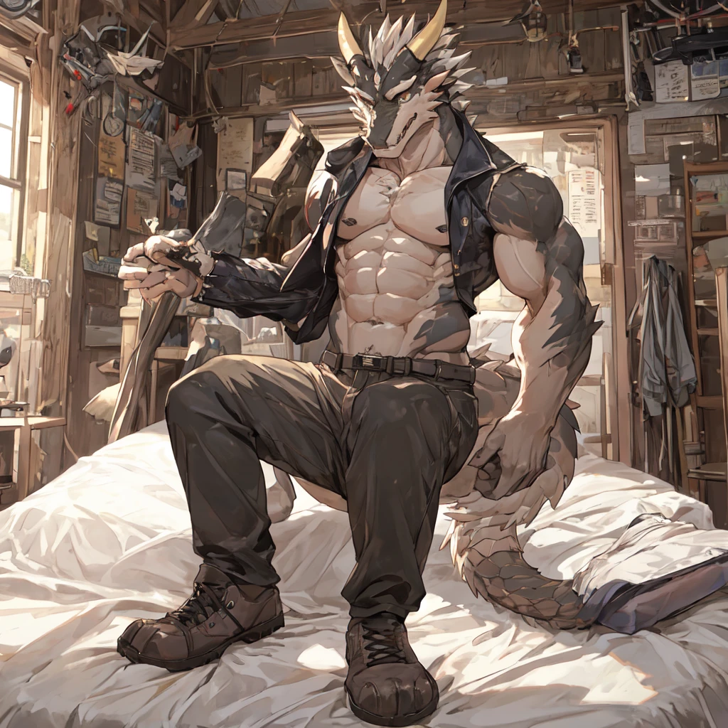 masterpiece, Anthropomorphic black dragon, White belly,There is a pair of beautiful dragon horns.., Black Dragon Scales,1 tail, very muscular body, Nice, Shorts only, office worker　8 toned abs　Great arm muscles　good looking　whole　Face down on the bed　　Pull down your pants　Between the legs　　　Long trousers