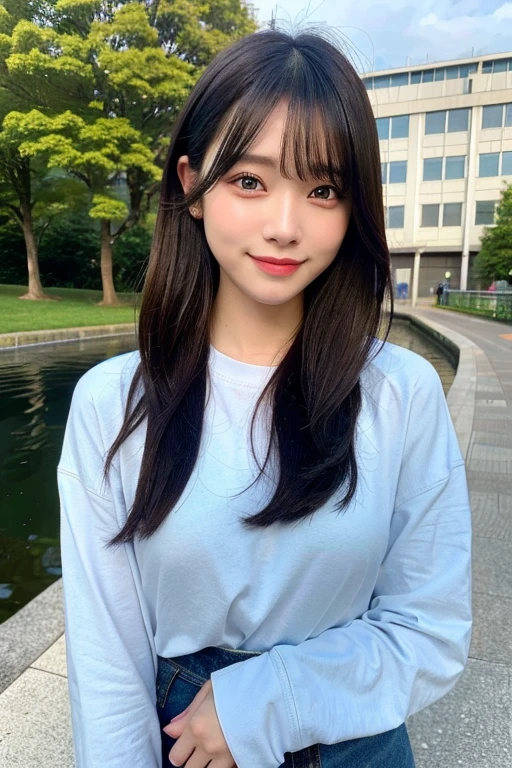 (masterpiece:1.3), (8k, Realistic, RAW Photos, Best image quality: 1.4), (Random Hairstyles:1.2)、Mid-chest、(Highly detailed face)、Attention to detail down to the smallest detail、Attention to detail、Detailed double eyelids、(Dark Eyes)、(Sharp focus:1.2)、Beautiful woman:1.4、25 year old woman、((Black Hair))、Chest-length hair、Highest quality、masterpiece、Ultra-high resolution、(Realistic:1.4)、super high quality、Symmetrical face、The face is very realistic、Photo level、8k最高画質はフル、Sebaceous reflex、The face is very realistic、Extremely realistic skin、Realistic light and shadow effects、Professional lighting from the front、((From the waist up))、smile、Long sleeve T-shirt、Denim skirt、Along the canal