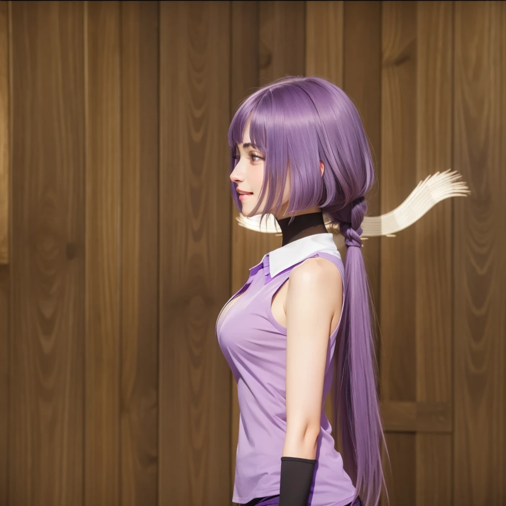 A beautiful girl, high quality, real details, color details, face details, eyes details, intricate details, smile face, smooth glowing skin, 3D image, medium contrast, cinematic lighting, realistic, masterpiece, 8K, night, thin face, front bangs hair, long hair with purple color, purple eyes, smiling , pink mouth, a girl with a purple sleeveless shirt, large breast size, showing armpits