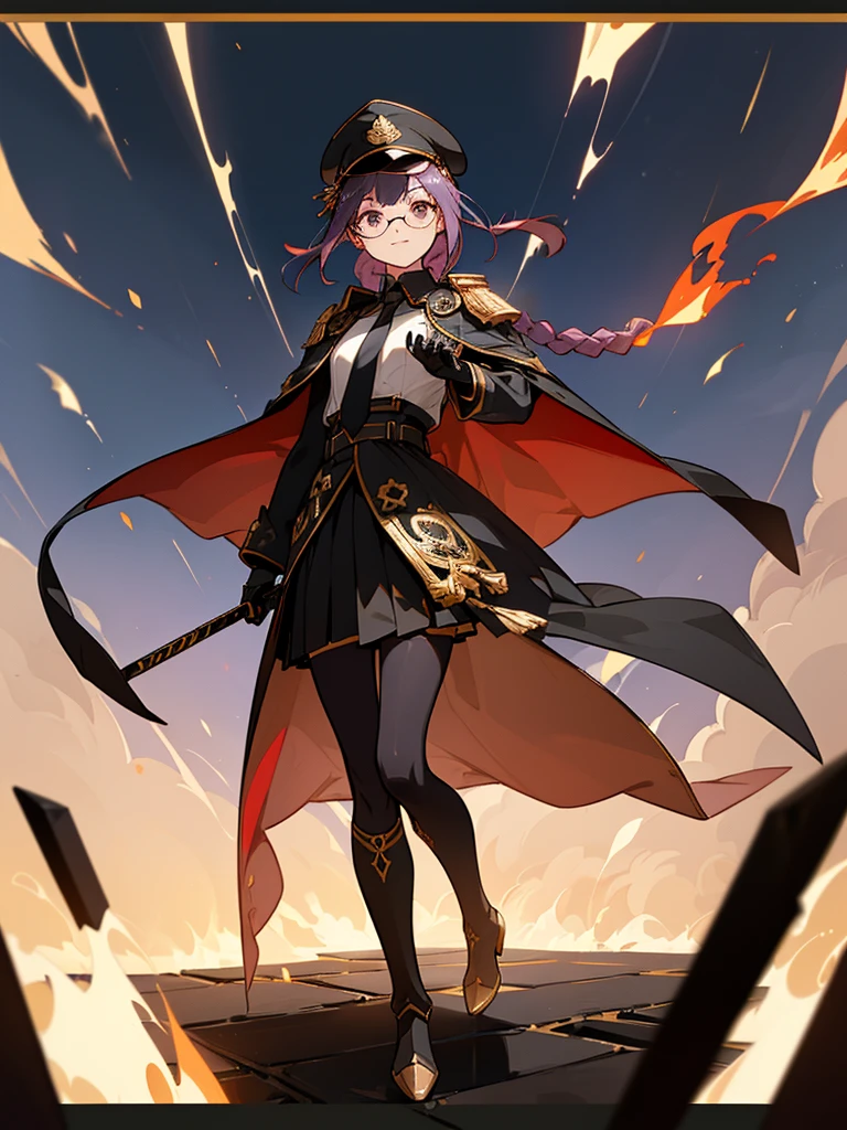 realisitic, City Deserted, Pile of rubble, Brick building, a one woman (18 years old, far away blackw hair, far away slits, Eyes red, glare eyes, 精致的面容, standing (In floor, feet shoulder-width apart), ta style military uniform (blackw base, Red Insert, golden decoration, volantes, wide sleeves, dainty and delicate detailing armors), blackw far away gloves (blackw, Red Insert, golden decoration, small hands, armors), blackw far away gloves, knee high boots (blackw, high-heels, red soles), ha (blackw, aba dourada, shield emblem, delicate details), arms in front, Front of belly, Holding military swords with both hands (blackw, golden decoration, delicate detail, Handle at the top, Ground-facing blade, in front of the body, far away), night sky (blackw, stele, Increased flames and smoke) Pale painting style, One Girl, super high quality, Super Detail, Super Detailed image, long hair, looking at viewer, skirt, shirt, hair ornament, violet eyes, gloves, round glasses, long sleeves, hat, closed mouth, jacket, violet hair, braid, open clothes, necktie, black gloves, black skirt, uniform, single braid, open jacket, black jacket, black headwear, 手链, Peaked cap, black necktie, cropped jacket, military hat, pantyhose, Flat Chest, smile, Black Cape