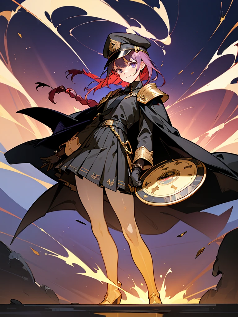 realisitic, City Deserted, Pile of rubble, Brick building, a one woman (18 years old, far away blackw hair, far away slits, Eyes red, glare eyes, 精致的面容, standing (In floor, feet shoulder-width apart), ta style military uniform (blackw base, Red Insert, golden decoration, volantes, wide sleeves, dainty and delicate detailing armors), blackw far away gloves (blackw, Red Insert, golden decoration, small hands, armors), blackw far away gloves, knee high boots (blackw, high-heels, red soles), ha (blackw, aba dourada, shield emblem, delicate details), arms in front, Front of belly, Holding military swords with both hands (blackw, golden decoration, delicate detail, Handle at the top, Ground-facing blade, in front of the body, far away), night sky (blackw, stele, Increased flames and smoke) Pale painting style, One Girl, super high quality, Super Detail, Super Detailed image, long hair, looking at viewer, skirt, shirt, hair ornament, violet eyes, gloves, round glasses, long sleeves, hat, closed mouth, jacket, violet hair, braid, open clothes, necktie, black gloves, black skirt, uniform, single braid, open jacket, black jacket, black headwear, 手链, Peaked cap, black necktie, cropped jacket, military hat, pantyhose, Flat Chest, smile, Black Cape