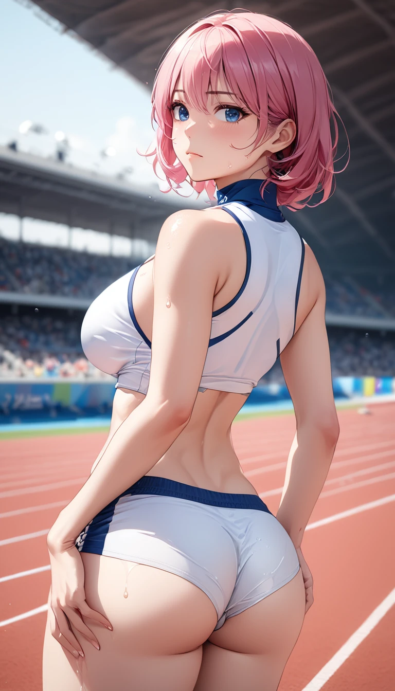 (((masterpiece))),(((High resolution)))、(((8K quality)))、(((Perfect Face)))、((Top quality eyes)), One Girl、24-years-old、Best Bust、Large Breasts、Beautiful Eyes、hot pink hair, ((Very Short Hair))、blue eyes, Paris Olympics、track-and-field arena、track and field athlete, Track and field uniform, wet body, Serious expression、blush、Sweat、looking back, kneepits, looking at viewer, from behind, cameltoe, breasts, kneehighs, closed mouth