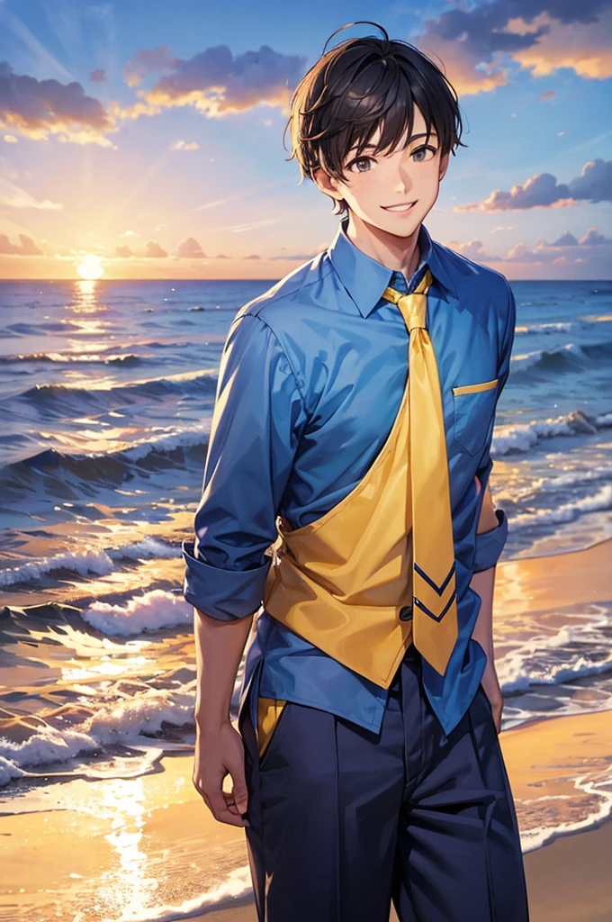 man on the beach smiling for picture in blue shirt and yellow tie, 1boy, male focus, solo, smile, sunset, ocean