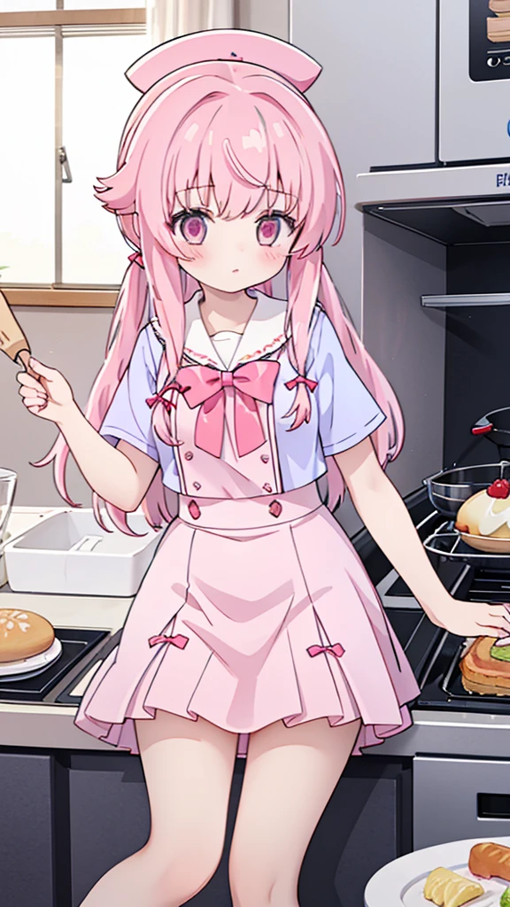 1girl,pink hair, pink eyes with love, detailed eyes, straight hair, straight bangs, shiny hair,
,red bowtie,purple skirt,purple shirt,pleated skirt,short sleeves,Clear images、high resolution, high-definition,masterpiece,best quality, masterpiece, best quality, high resolution, aabeta, double, slim waist, cute, sailor uniform, close up, Cook、In the middle of the meal、cooking、backwards, looking at the pot cooking vegtables (PastelColors: 1.3)