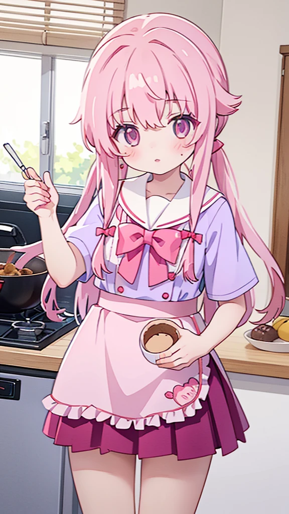 1girl,pink hair, pink eyes with love, detailed eyes, straight hair, straight bangs, shiny hair,
,red bowtie,purple skirt,purple shirt,pleated skirt,short sleeves,Clear images、high resolution, high-definition,masterpiece,best quality, masterpiece, best quality, high resolution, aabeta, double, slim waist, cute, sailor uniform, close up, Cook、In the middle of the meal、cooking、backwards, looking at the pot cooking vegtables (PastelColors: 1.3)