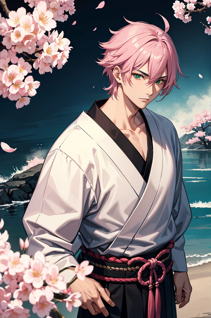 Male samurai, man, boy, haori, medium hair, pink hair, katana, cherry blossom, green eyes, earring