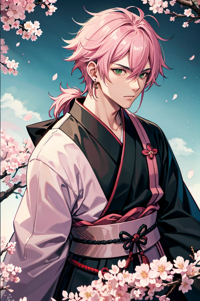 Male samurai, man, boy, haori, medium hair, pink hair, katana, cherry blossom, green eyes, earring