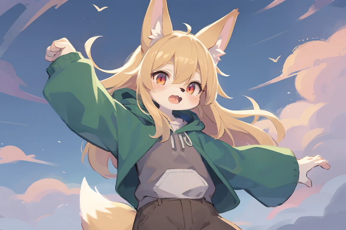 flat color, shota the fox, , was hairy, shaggy, skin fur, smooth lashes, golden fur, forelimb hands, straight long blonde hair, solid circle eyes, golden ears, golden fur, golden facial fur, shiny hair, red eyes, super cute face, 1fox tail, fluffy tail, furry tail, glowing eyes, green coat green hood down, brown trousers, open mouth, falling in the sky, reaching downward., ambient light, ultra-fine fur, dashed eyes, masterpiece, high quality, high-details, best quality, (solo)