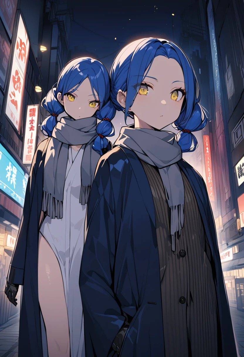 japan city in night(One very tall woman,Her hairstyle is twin tails that expose her forehead.,Navy Blue Hair,yellow eyes,Black haori,Grey scarf around neck,Leather gloves)
