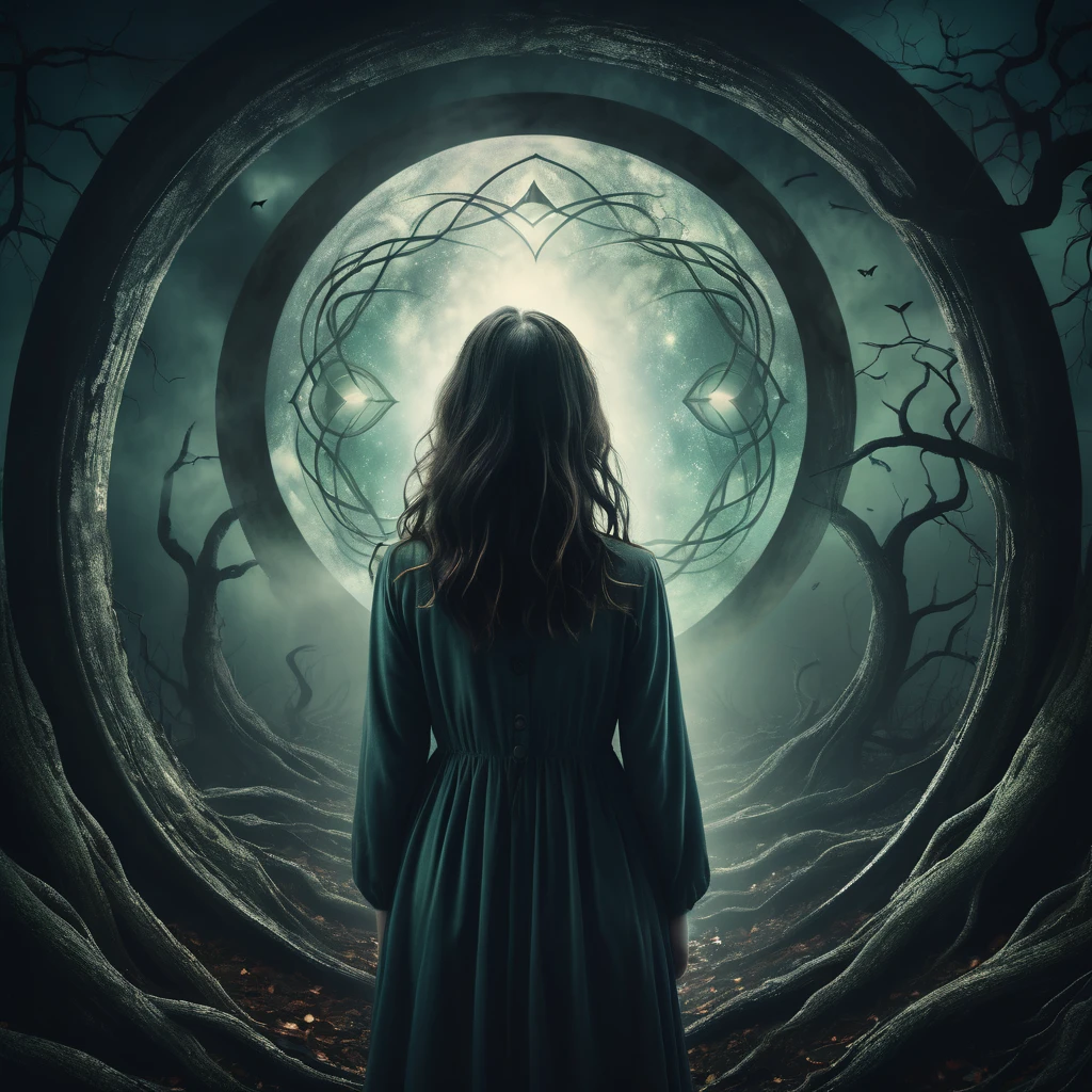 Make a dreamy mysterious horror style image symbolizing anxiety and hope, seeing into the core, symbols