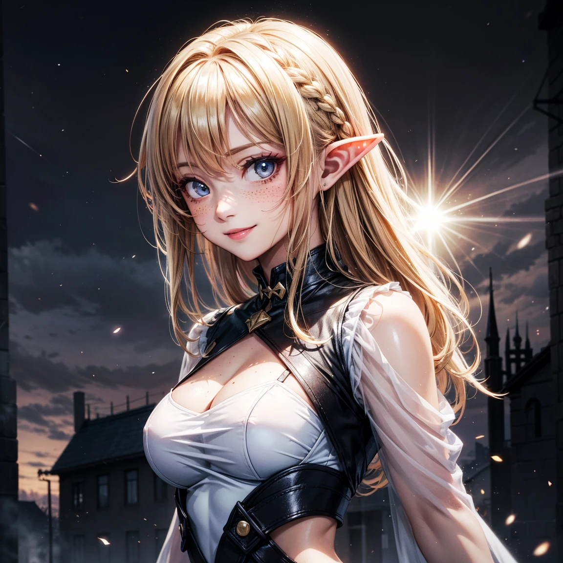 (High Detail:1.2) Anime Girl, (Best quality, Detailed), (dark, smile, gravelly:1.3, dark:1.2), 1girl, (solo), elf, long pointed ears, long bushy hair, light gold hair, dark blue eyes, freckle, white skin, sinister, intense look, background dark, Volumetric light, hyper realistic, super detailed, Dynamic pose, (medium breasts), white dress, town.