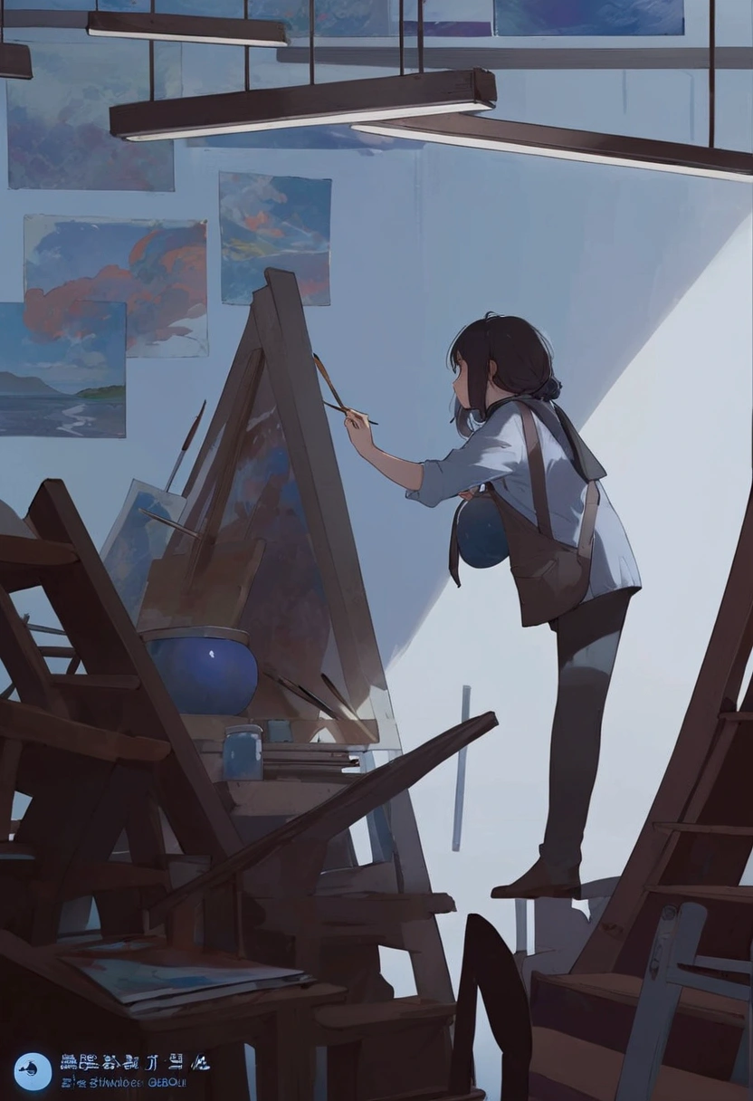 Portrait of a woman painting in a studio with stairs., artwork in the style of Gouvice, Gouvice, Studio Globli Makoto Shinkai, digital art on pixiv, art cover, Makoto Shinkai art style, concept art illustration, Gouvice on artstation pixiv, Gouvice masterpiece