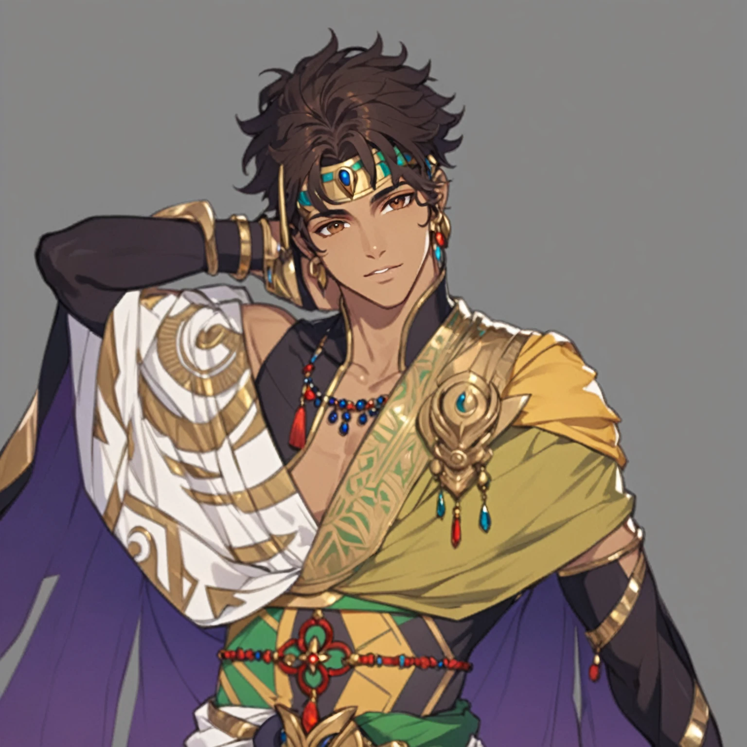 masterpiece, best quality, good quality, Fantasy Aesthetic, Highly detailed, shadowverse style, male, brown skin, egyptian aesthetic, brown eyes