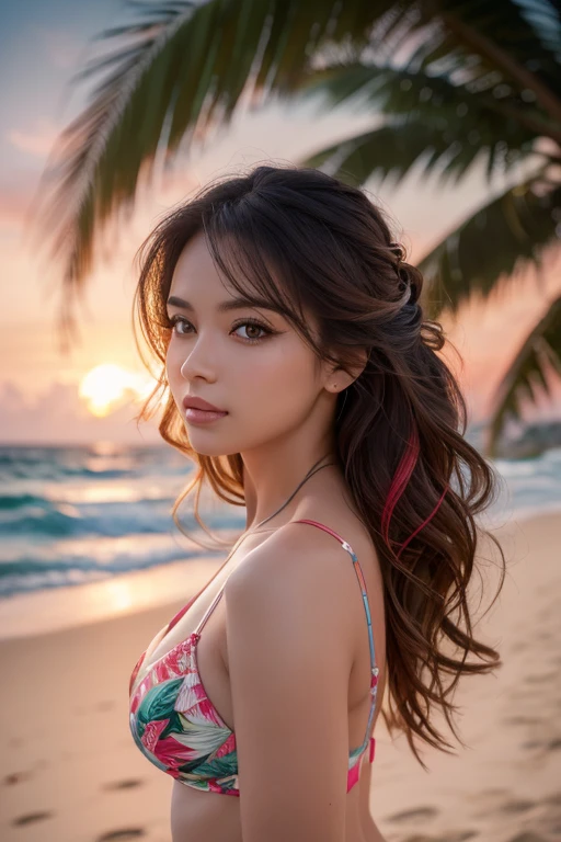 a woman with long, wavy hair, tropical floral lingerie, posing on a sandy beach with palm trees, sunset background, cinematic lighting, highly detailed, photorealistic, 8k, masterpiece, (best quality, 4k, 8k, highres, masterpiece:1.2), ultra-detailed, (realistic, photorealistic, photo-realistic:1.37), HDR, UHD, studio lighting, ultra-fine painting, sharp focus, physically-based rendering, extreme detail description, professional, vivid colors, bokeh, beach, tropical, palm trees, sunset, cinematic, female, portrait, lingerie, floral, wavy hair, detailed face, beautiful eyes, beautiful lips, longeyelashes