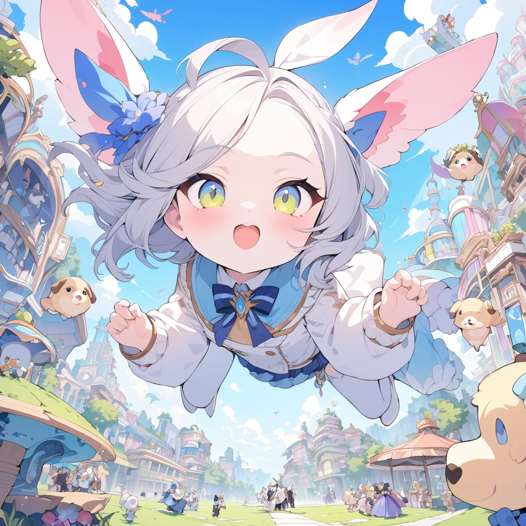 Masterpiece, ultra detailed, beautiful,Super Saturation, arcadia , flying puppies
