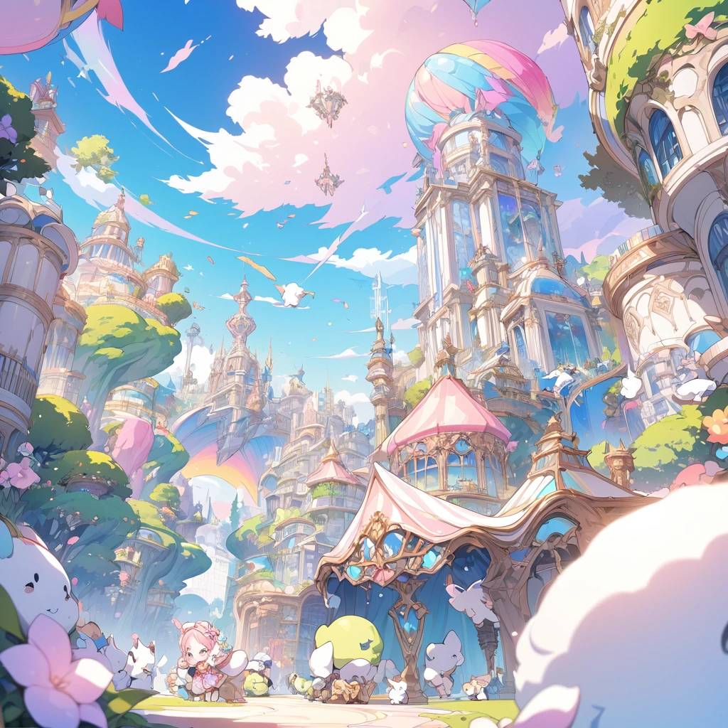Masterpiece, ultra detailed, beautiful,Super Saturation, arcadia , flying puppies