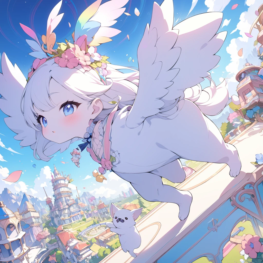 Masterpiece, ultra detailed, beautiful,Super Saturation, arcadia , flying puppies