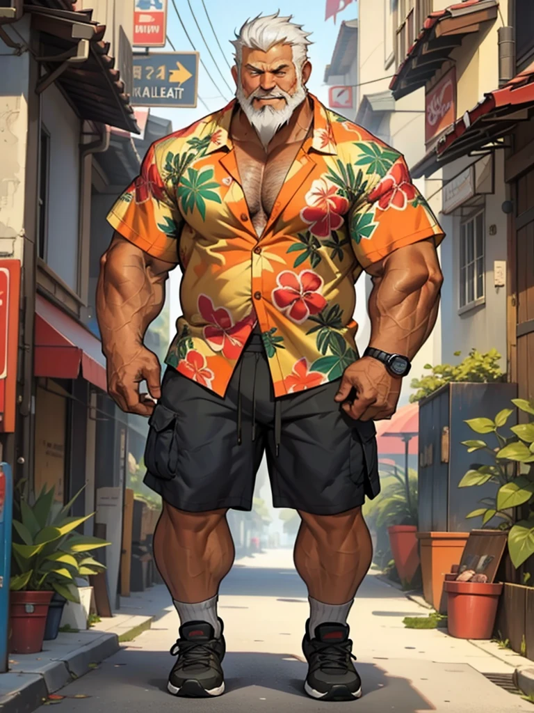 chubby old man in street city, old man, thick arm, huge arm, bearded. white hair and beard, bearded, muscular, pectoral, wide pectoral, realistic, 8k, masterpiece, (wearing shorts and hawaiian shirt:1.3, shoes)