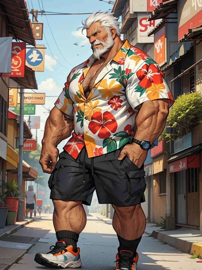 chubby old man in street city, old man, thick arm, huge arm, bearded. white hair and beard, bearded, muscular, pectoral, wide pectoral, realistic, 8k, masterpiece, (wearing shorts and hawaiian shirt:1.3, shoes)