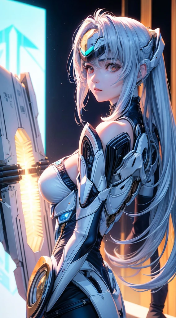 top-quality、​masterpiece、超A high resolution、(Photorealsitic:1.4)、女の子1人、Light blue hair、Straight hair, shiny and clean hair、White shiny skin、Sexy Cyberpunk Girl、((super realistic details))、Shadow、octan render、ultrasharp、hyperdetailed face、Fiberglass、Luminous tube、highly intricate detail、Realistic light、CGSoation Trends、((Golden Eyes))、(Facing the camera)、neon detailechanical limbechanical vertebrae attached to the back、mechanical cervical attaching to neck、Wires and cables connecting to the head、((valkyrie))、((Beam Cannon))、Combat stance