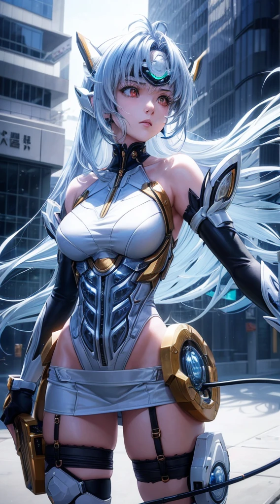 top-quality、masterpiece、超A high resolution、(Photorealsitic:1.4)、1人、Light blue hair、Straight hair, shiny and clean hair、White shiny skin、Sexy Cyberpunk Girl、((super realistic details))、Shadow、octan render、ultrasharp、hyperdetailed face、Fiberglass、Luminous tube、highly intricate detail、Realistic light、CGSoation Trends、((Golden Eyes))、(Facing the camera)、neon detailechanical limbechanical vertebrae attached to the back、mechanical cervical attaching to neck、Wires and cables connecting to the head、((valkyrie))、((Beam Cannon))、Combat stance