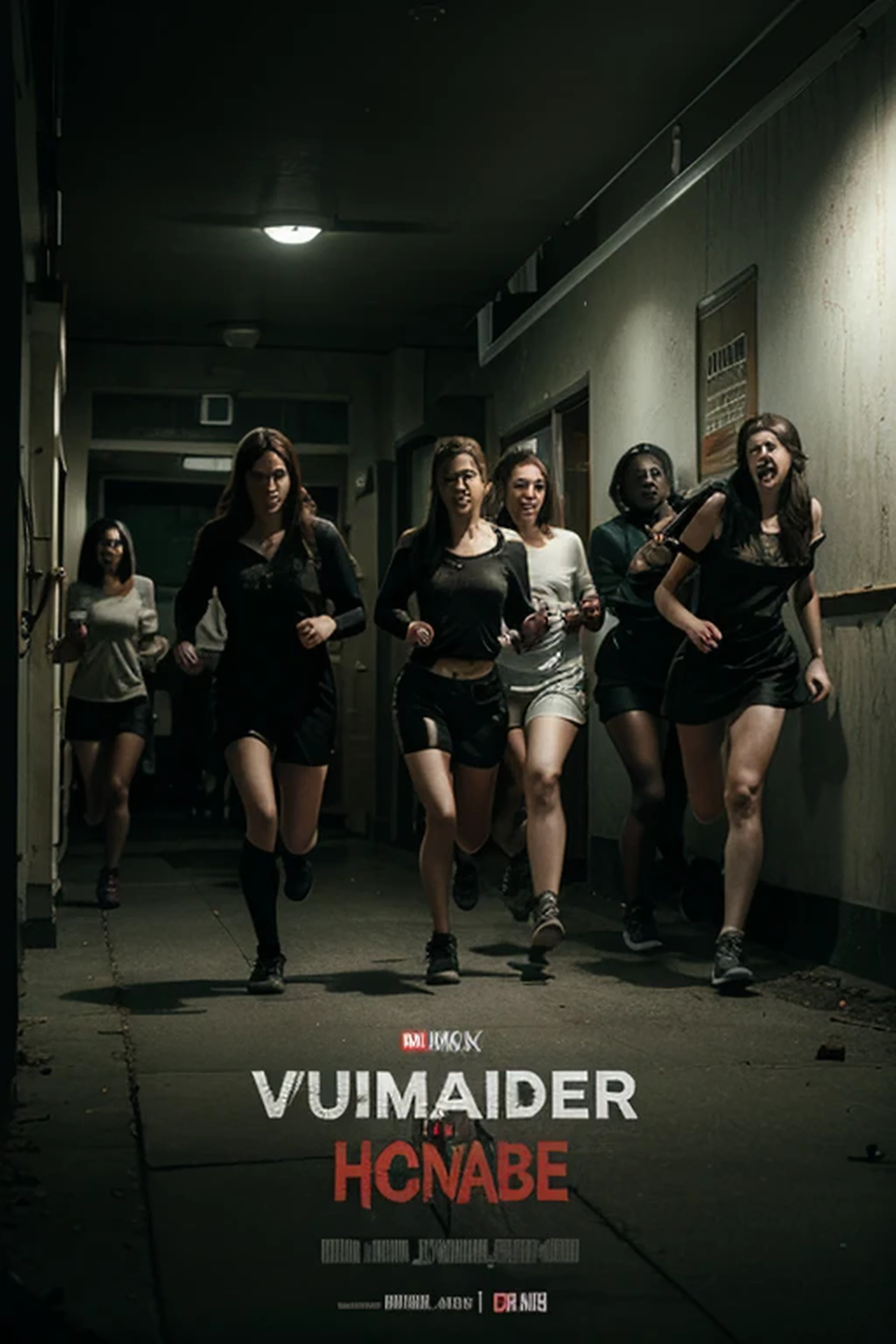 create a realistic movie poster about 10 youtuber girls running away from vampires in haunted hospital