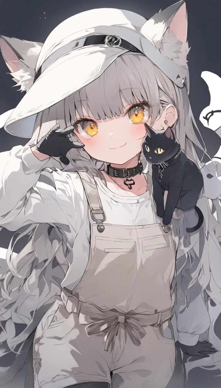 Grey haired cat girl, She is wearing a full white cat ear hat with a brim, White long sleeve, Light grey denim overalls, Long black gloves, Black long boots, Cute winking face, No human ears, Medium chest, Yellow Eyes, Wearing a black collar, On a full gray background, Strike a Pose
