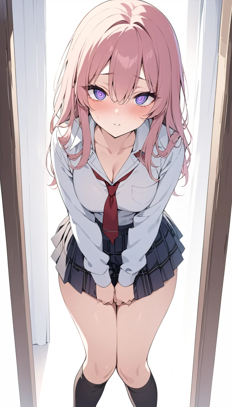 (((masterpiece, high resolution))), beautiful woman, Japan Beauty, 20 years old, high school student, skirt, knee socks, beautiful woman, looking at me, (((high resolution face, high resolution eyes))), hentai, white background
