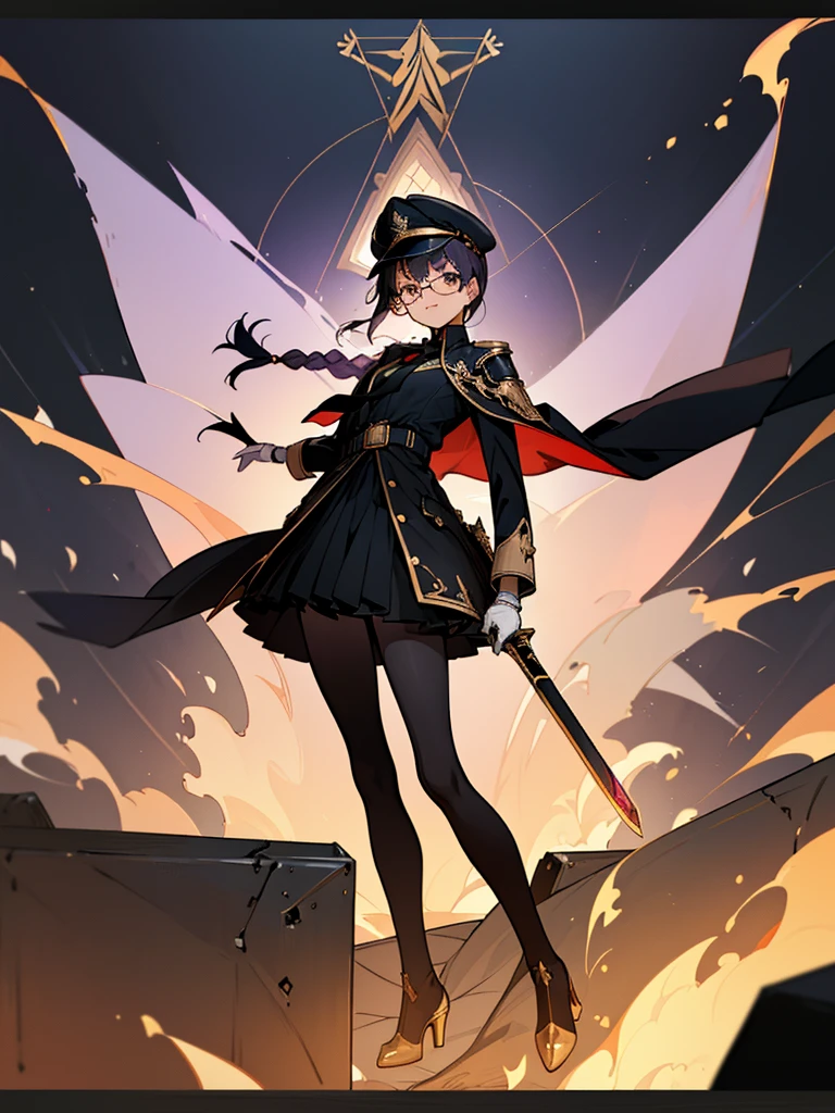 realisitic, City Deserted, Pile of rubble, Brick building, a one woman (18 years old, far away blackw hair, far away slits, Eyes red, glare eyes, 精致的面容, standing (In floor, feet shoulder-width apart), Lolita style military uniform (blackw base, Red Insert, golden decoration, volantes, wide sleeves, dainty and delicate detailing armors), blackw far away gloves (blackw, Red Insert, golden decoration, small hands, armors), blackw far away gloves, knee high boots (blackw, high-heels, red soles), ha (blackw, aba dourada, shield emblem, delicate details), arms in front, Front of belly, Holding military swords with both hands (blackw, golden decoration, delicate detail, Handle at the top, Ground-facing blade, in front of the body, far away), night sky (blackw, stele, Increased flames and smoke) Pale painting style, One Girl, super high quality, Super Detail, Super Detailed image, long hair, looking at viewer, skirt, shirt, hair ornament, violet eyes, gloves, round glasses, long sleeves, hat, closed mouth, jacket, violet hair, braid, open clothes, necktie, black gloves, black skirt, uniform, single braid, open jacket, black jacket, black headwear, 手链, Peaked cap, black necktie, cropped jacket, military hat, pantyhose, Flat Chest, smile, Black Cape