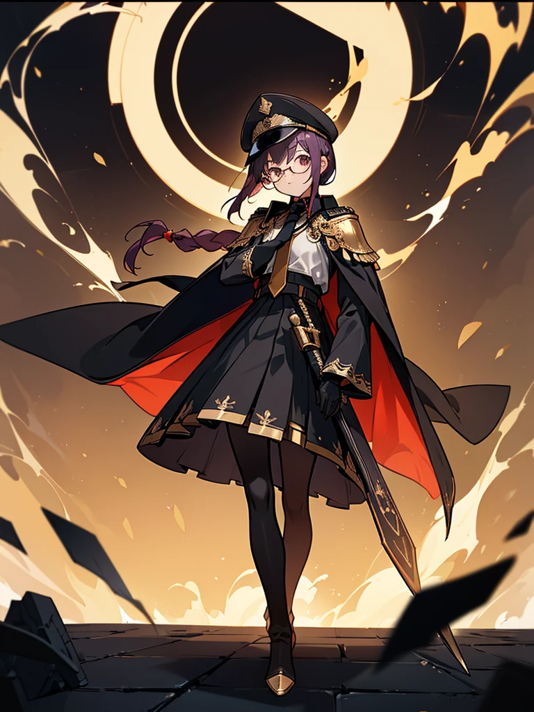 realisitic, City Deserted, Pile of rubble, Brick building, a one woman (18 years old, far away blackw hair, far away slits, Eyes red, glare eyes, 精致的面容, standing (In floor, feet shoulder-width apart), Lolita style military uniform (blackw base, Red Insert, golden decoration, volantes, wide sleeves, dainty and delicate detailing armors), blackw far away gloves (blackw, Red Insert, golden decoration, small hands, armors), blackw far away gloves, knee high boots (blackw, high-heels, red soles), ha (blackw, aba dourada, shield emblem, delicate details), arms in front, Front of belly, Holding military swords with both hands (blackw, golden decoration, delicate detail, Handle at the top, Ground-facing blade, in front of the body, far away), night sky (blackw, stele, Increased flames and smoke) Pale painting style, One Girl, super high quality, Super Detail, Super Detailed image, long hair, looking at viewer, skirt, shirt, hair ornament, violet eyes, gloves, round glasses, long sleeves, hat, closed mouth, jacket, violet hair, braid, open clothes, necktie, black gloves, black skirt, uniform, single braid, open jacket, black jacket, black headwear, 手链, Peaked cap, black necktie, cropped jacket, military hat, pantyhose, Flat Chest, smile, Black Cape