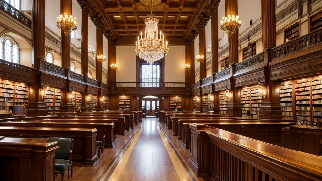 A luxurious and spacious library with high ceilings. High quality images.